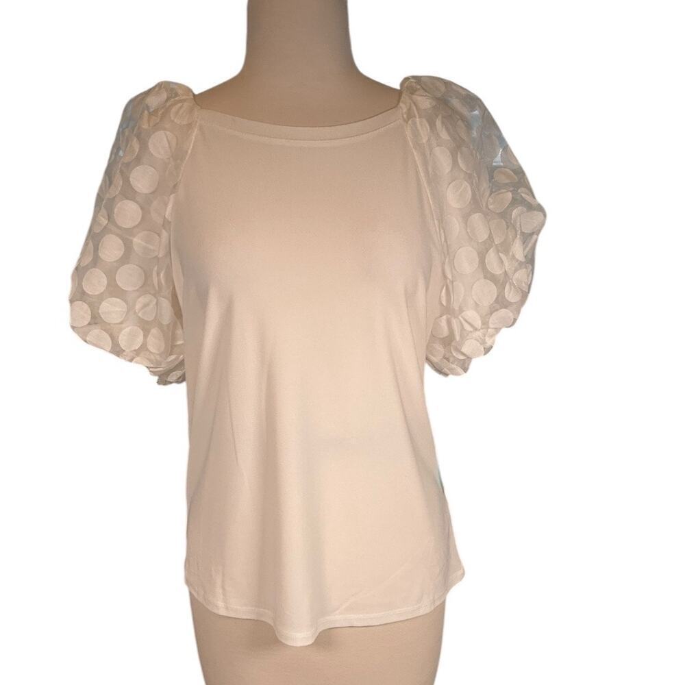 CeCe Mixed Media Round Neck Polka Dot Puff Short Sleeve Top Medium White NWT